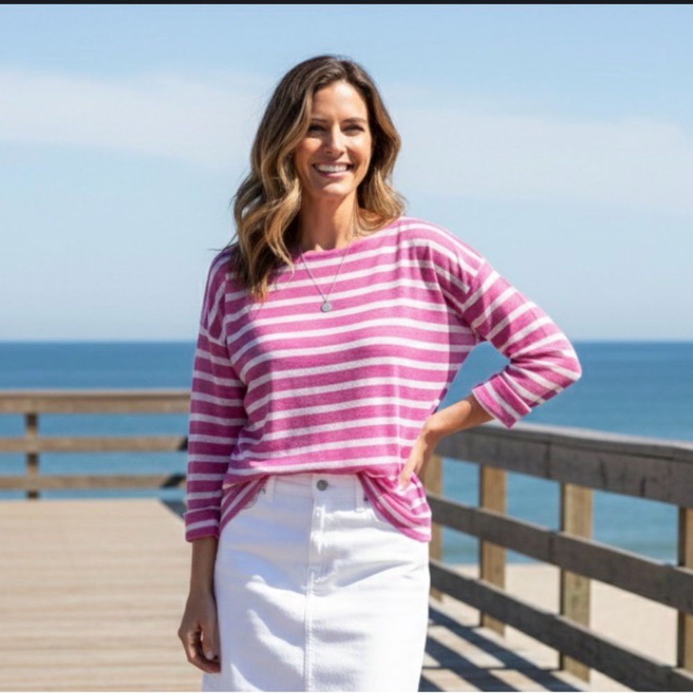 Lauren Ralph Lauren 100% Linen Breton Striped Knit Top - Pink & White - Size M